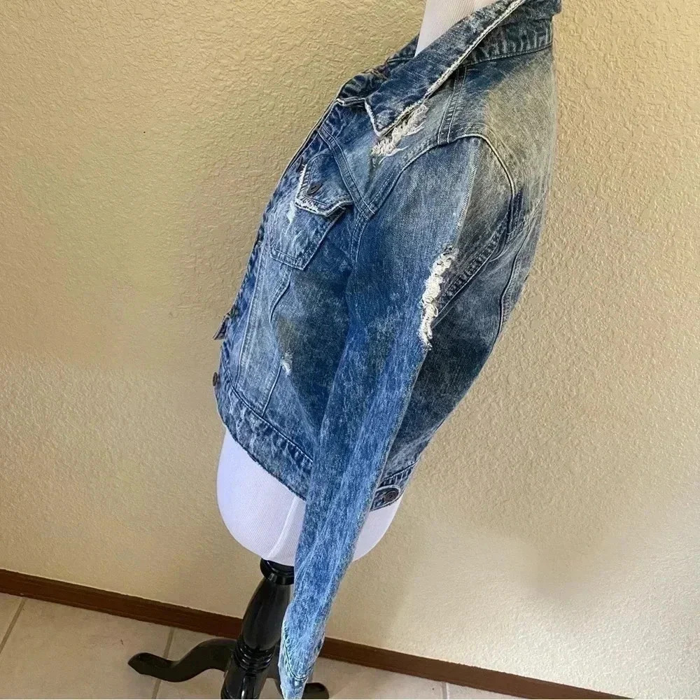 RWH Rewash Distressed Acid Washed Denim Jean Jacket: XS - Picture 6 of 10
